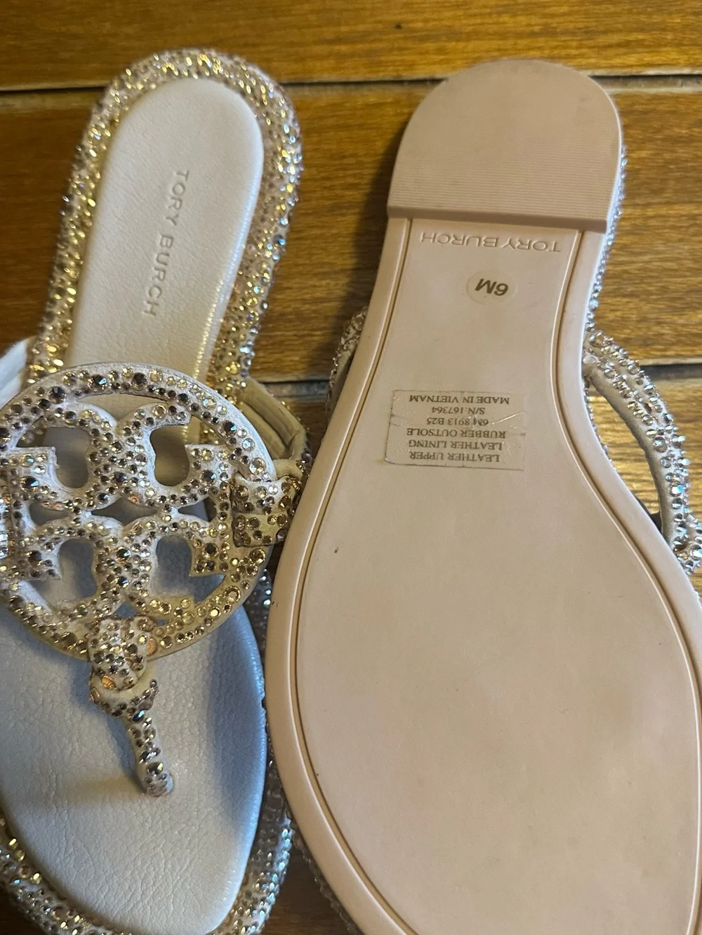 Tory Burch Crystal-Embellished Ivory/Gilded Miller Thong Sandals